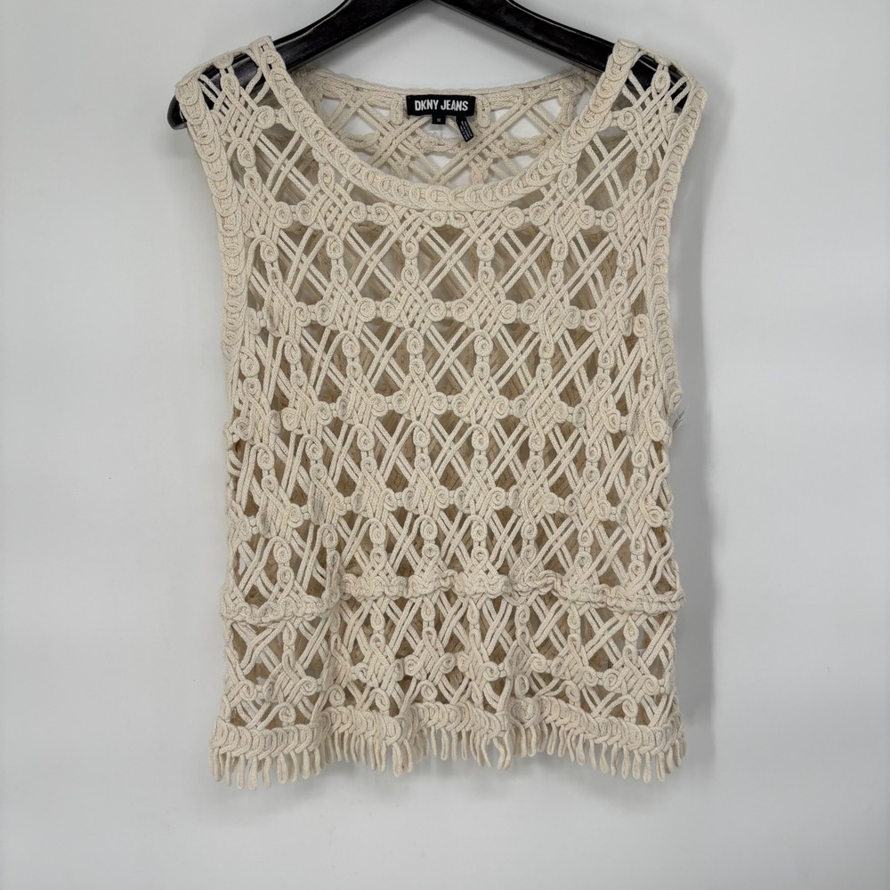 DKNY Jeans Cream Macrame Crochet Fringe‎ Sleeveless Top Plus Size 1X Boho Ivory